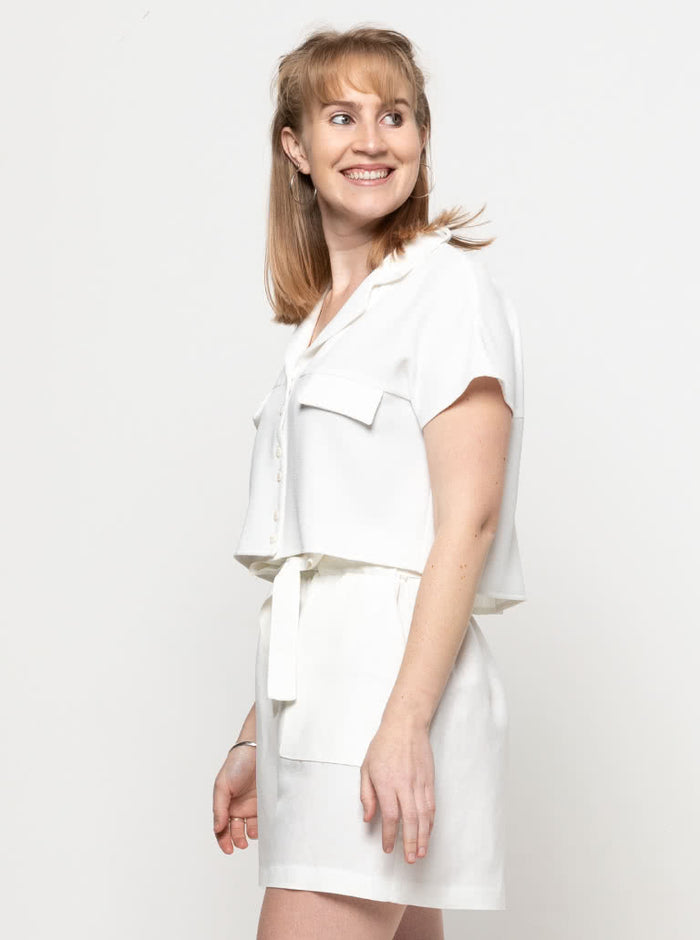 A versatile Monty 2-in-1 sewing pattern for a shirt and dress with a neat revere collar and extended shoulder line, suitable for various fabrics.