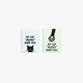 Two small rectangular signs with text and a cat illustration on a white background