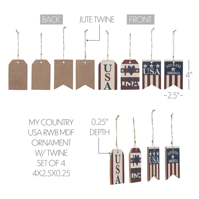 My Country "USA" Tag Ornaments - Set of 4 - Primitive Star Quilt Shop
