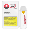 Front view of the Naked Solventless NSFW Liquid Diamond Disposable Vape 1 g cartridge and its white packaging with red NSFW branding and a yellow warning box.