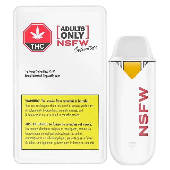 Front view of the Naked Solventless NSFW Liquid Diamond Disposable Vape 1 g cartridge and its white packaging with red NSFW branding and a yellow warning box.