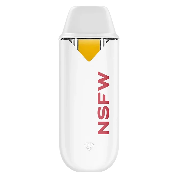 Top-down view of a white Naked Solventless NSFW Liquid Diamond Disposable Vape showing its yellow cartridge window and red "NSFW" logo on a plain white background