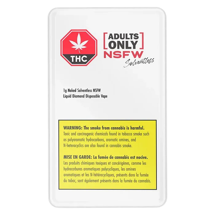 Top-down view of the white packaging for Naked Solventless NSFW Liquid Diamond Disposable Vape showing an "Adults Only NSFW" logo and a yellow THC warning panel.