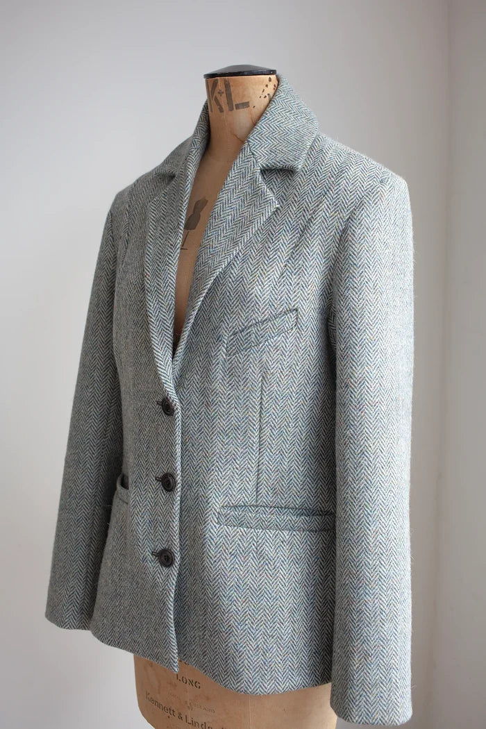 Gray herringbone blazer  made using Naomi Blazer PDF Sewing Pattern on a mannequin against a plain background
