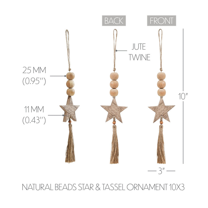 Natural Beads & Star Ornament with Tassel - 10x3" - Primitive Star Quilt Shop
