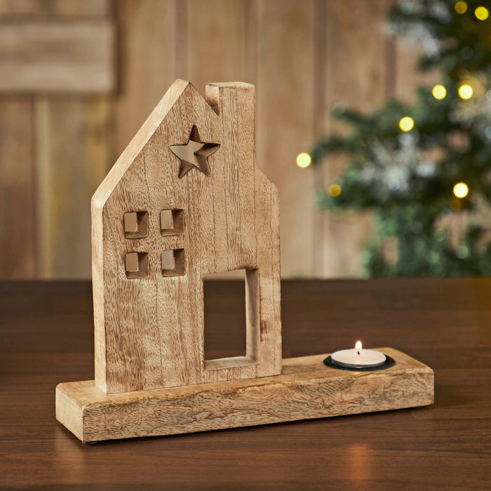 Natural Wooden Saltbox House Tealight Holder - 10.25" - Primitive Star Quilt Shop