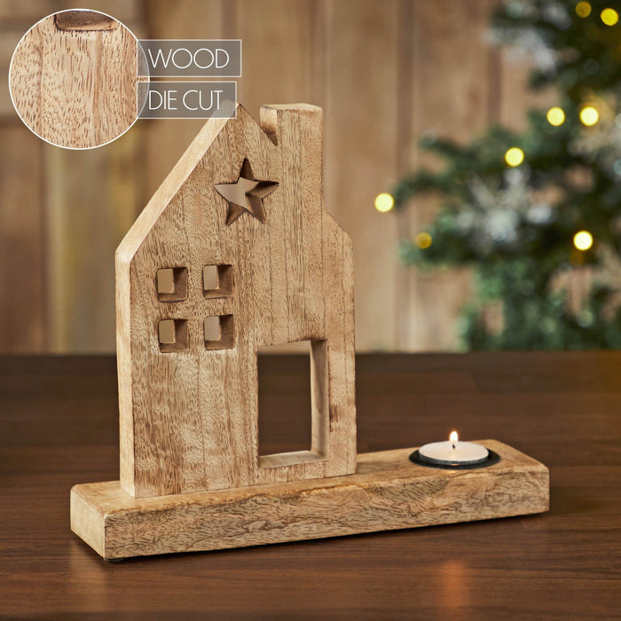 Natural Wooden Saltbox House Tealight Holder - 10.25" - Primitive Star Quilt Shop
