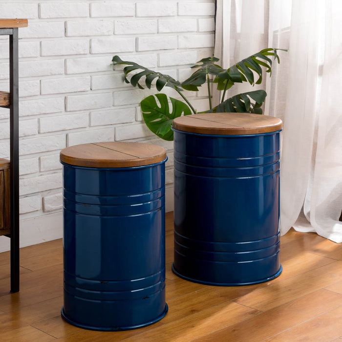 Navy Blue Modern Metal Storage Accent Table or Stool with Solid Wood Lid, Set of 2