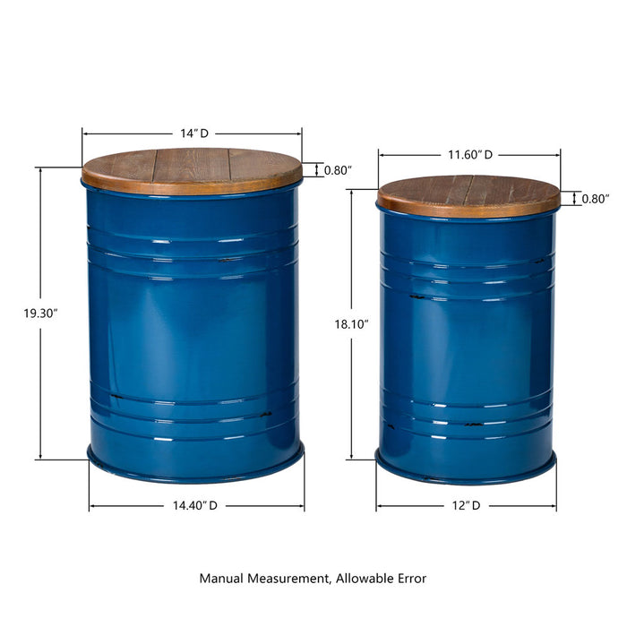 Navy Blue Modern Metal Storage Accent Table or Stool with Solid Wood Lid, Set of 2