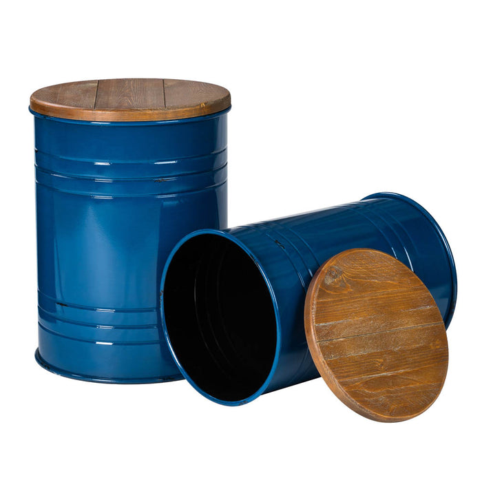 Navy Blue Modern Metal Storage Accent Table or Stool with Solid Wood Lid, Set of 2