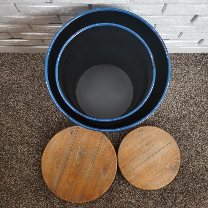 Navy Blue Modern Metal Storage Accent Table or Stool with Solid Wood Lid, Set of 2
