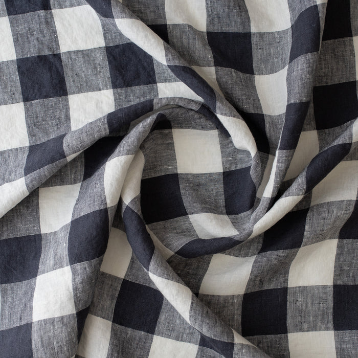 Navy Check extra wide 100% linen fabric with navy, chambray navy and white 2.5cm checks for curtains, bedding and garments
