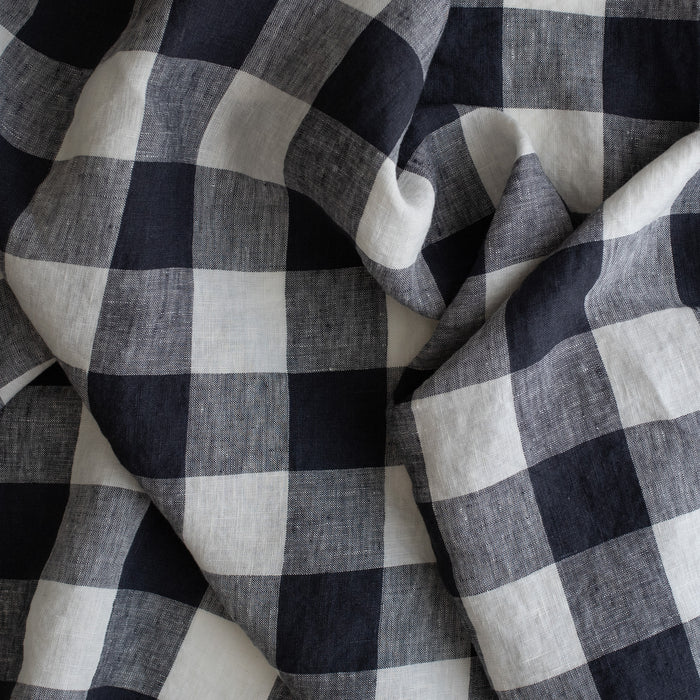 Navy Check extra wide 100% linen fabric with navy, chambray navy and white 2.5cm checks for curtains, bedding and garments