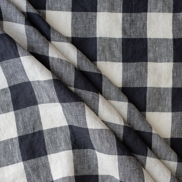 Navy Check extra wide 100% linen fabric with navy, chambray navy and white 2.5cm checks for curtains, bedding and garments