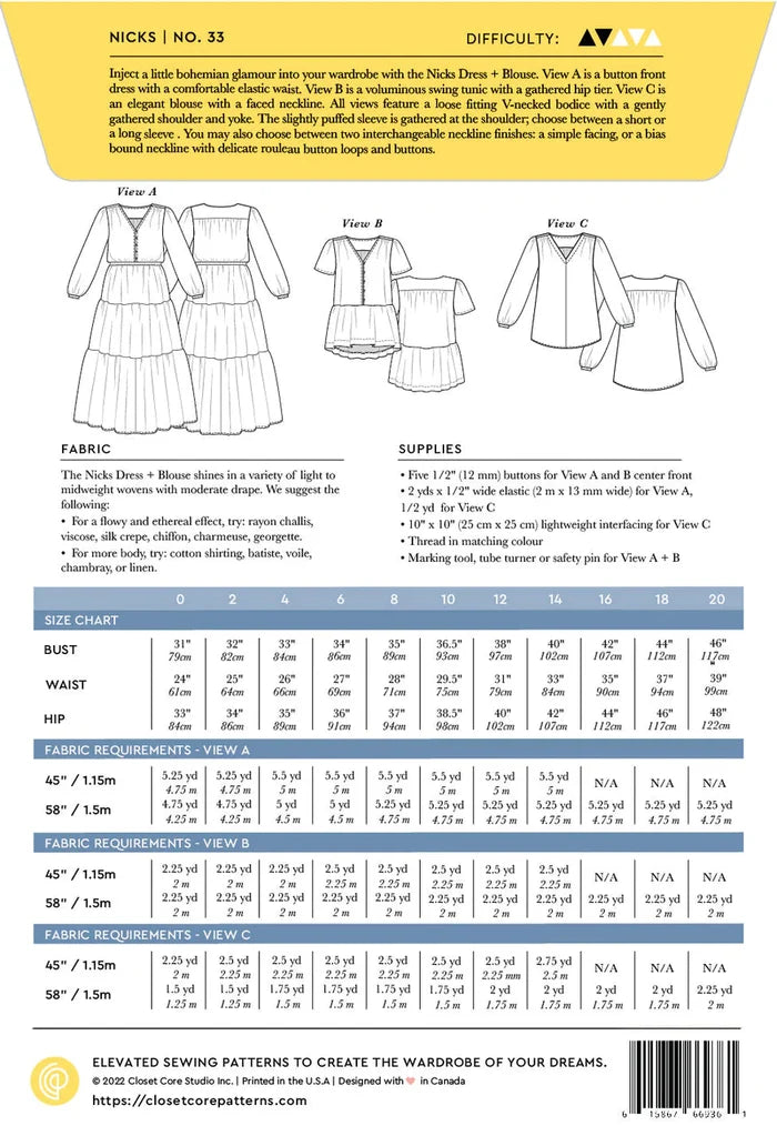 A bohemian-inspired Nicks Dress & Blouse sewing pattern with a V-neck bodice, gathered details, and multiple sleeve variations.