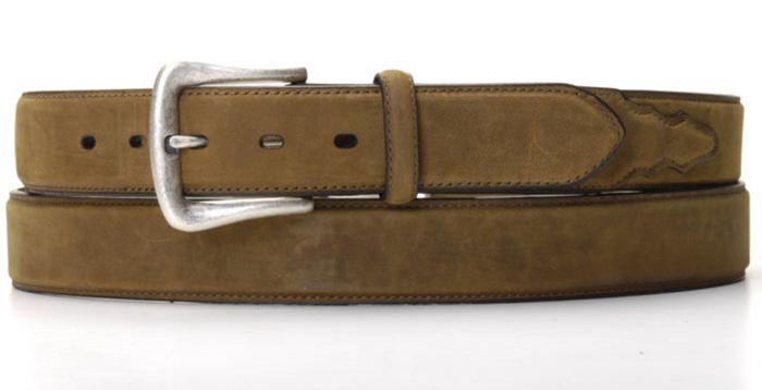 A medium brown distressed Nocona work belt with a nickel tone rounded buckle.