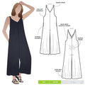 A comfortable Norman V-neck jumpsuit sewing pattern with deep armholes and wide legs, perfect for creating a chic and easy-to-wear garment.