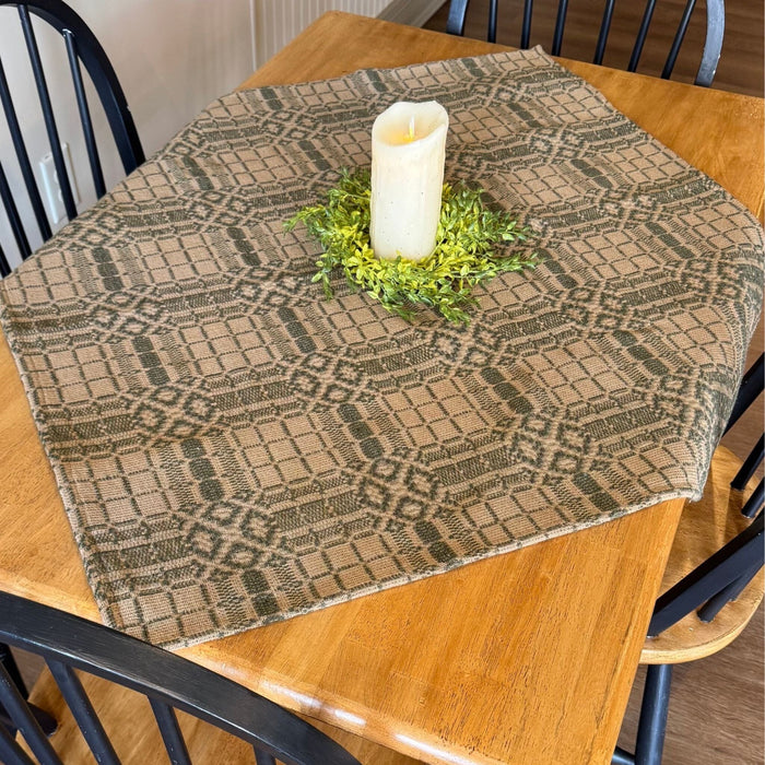 Normandy Green and Tan Woven Small Table Cloth 34" - Primitive Star Quilt Shop