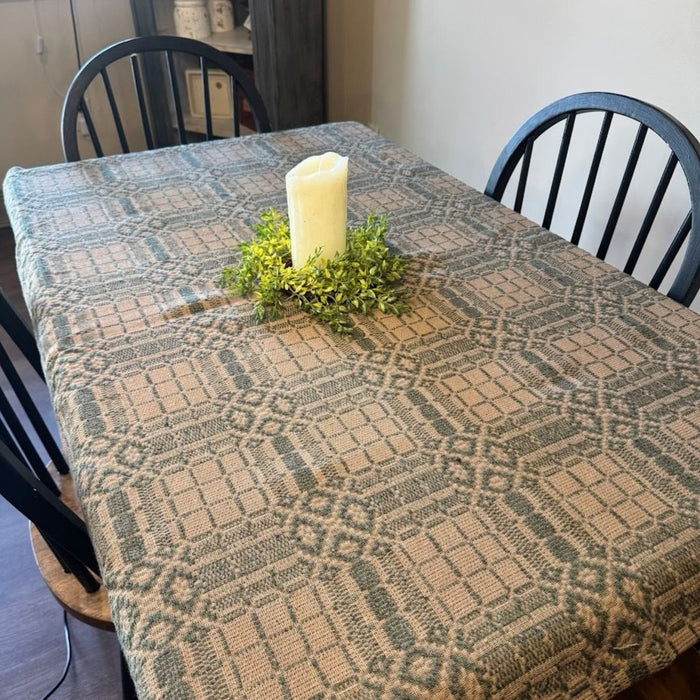 Normandy Green and Tan Woven Table Cloth 52" - Primitive Star Quilt Shop