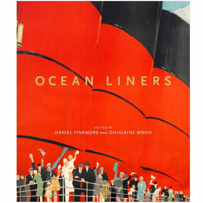 Cover of the book 'Ocean Liners: Glamour, Speed and Style' featuring a red and black colored illustration of a ocean liner with people on deck.