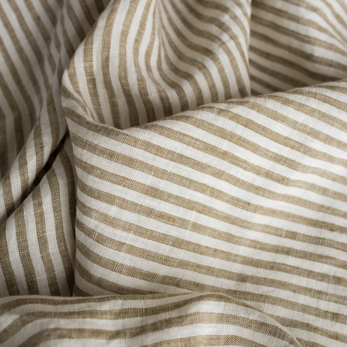 Olive Stripe 100% Linen Fabric with 0.5cm yarn-dyed stripes in olive green and off-white – extra wide, European Flax™ certified