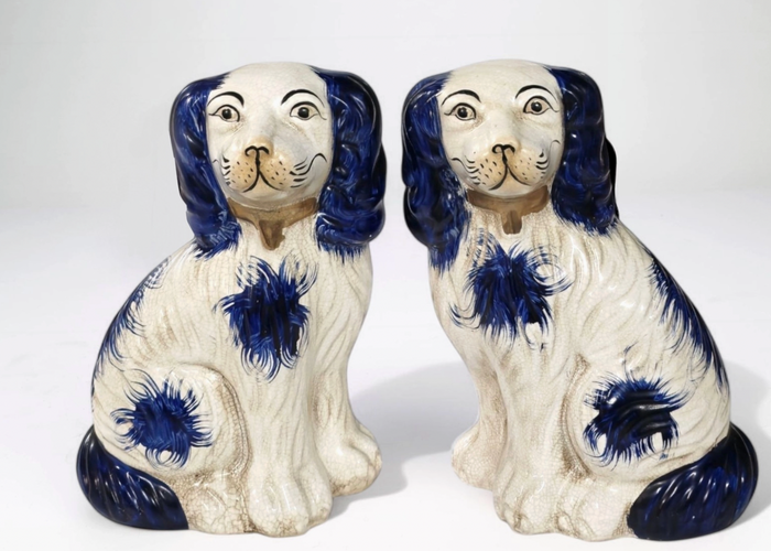 Pair of Blue & White/Red & White Staffordshire Mantel Dogs – English Pottery Tradition