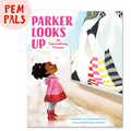 Cover of the book 'Parker Looks Up: An Extraordinary Moment' featuring an illustration of a young girl looking up at a painting on the wall.