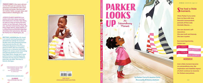 Cover of the book 'Parker Looks Up: An Extraordinary Moment' featuring an illustration of a young girl looking up at a painting on the wall.