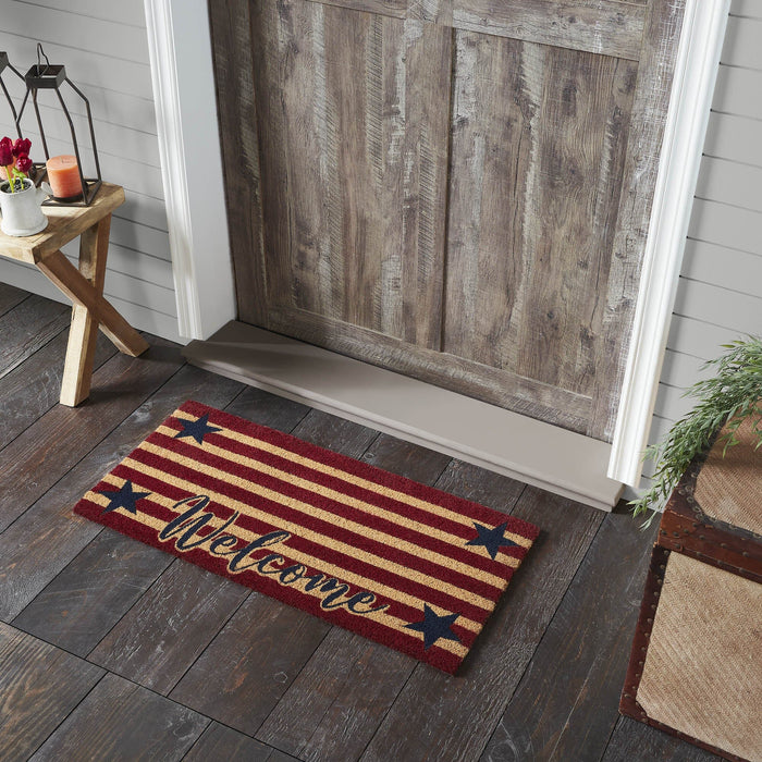 Patriotic Stripes "Welcome" Coir Rectangle Rug 17x36" - Primitive Star Quilt Shop