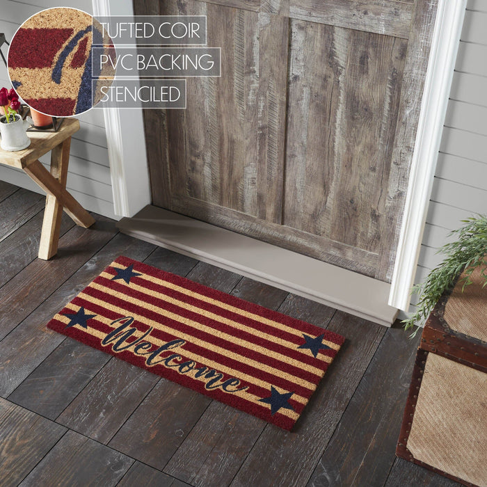 Patriotic Stripes "Welcome" Coir Rectangle Rug 17x36" - Primitive Star Quilt Shop