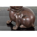 Bronze Taisho style Hirado puppy dog sculpture, petite size, shown seated from neck down, close-up view.