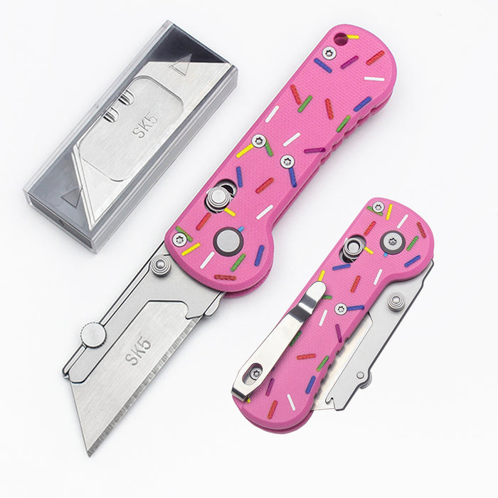 Pink Folding Utility Knife, Razor Blade Pocket Knife, Quick Change Box Cutter with Rail Lock, Perfect Craftsman Utility Knife