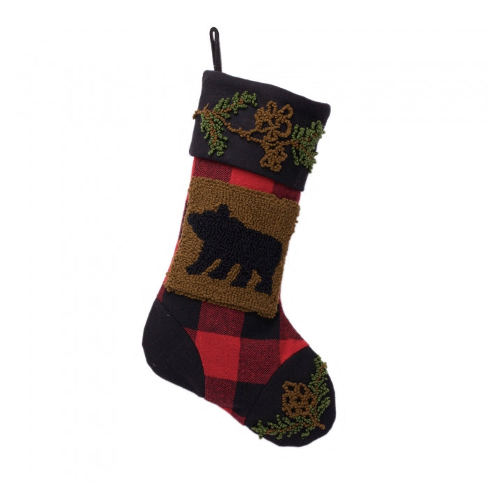 Plaid Stocking with Rug Hooked Bear
