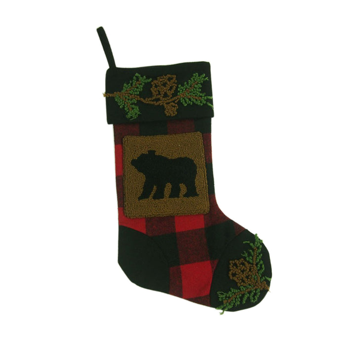 Plaid Stocking with Rug Hooked Bear
