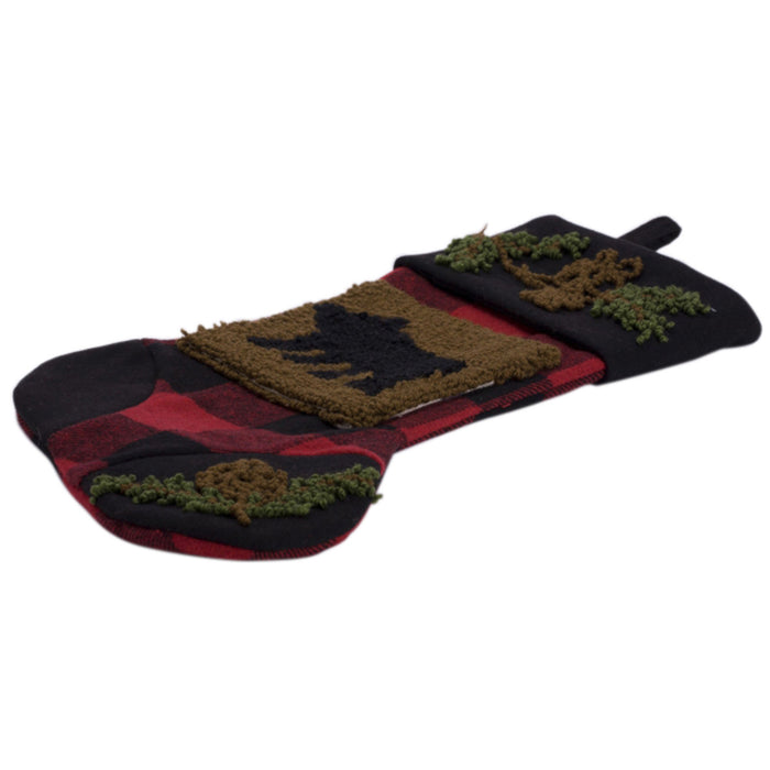 Plaid Stocking with Rug Hooked Bear