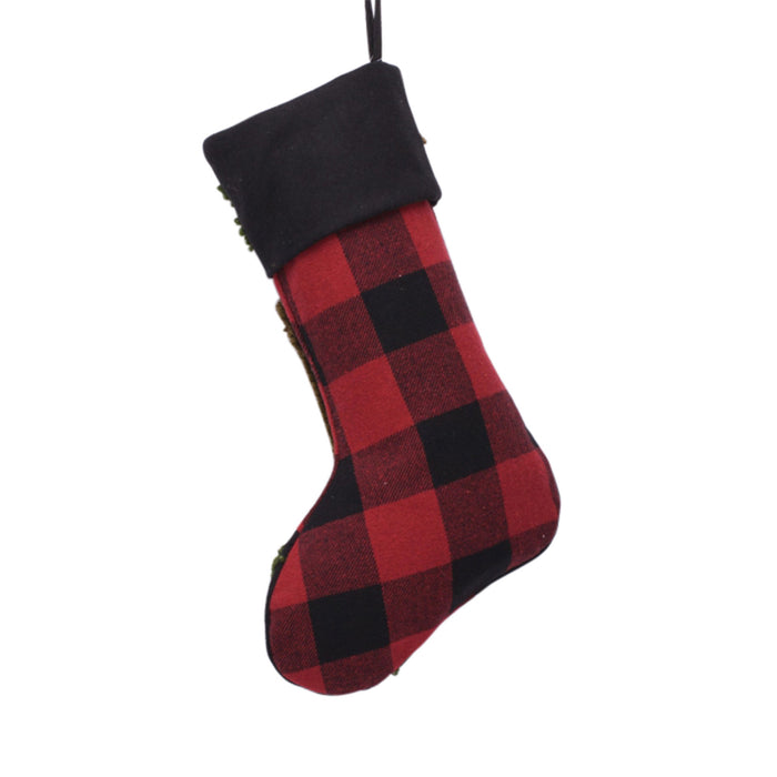 Plaid Stocking with Rug Hooked Bear