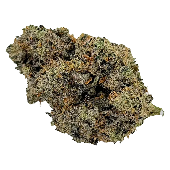 Single close-up of a dense, frosty "Plan't of the Ganja" cannabis bud showing green, purple, and orange trichome-covered details.