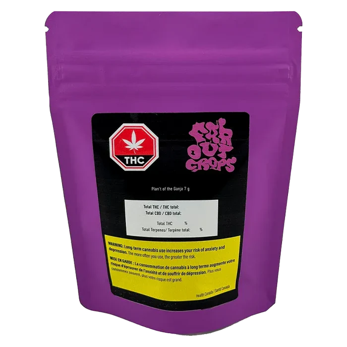 Front-facing shot of the purple Plan't of the Ganja pouch with a black label, red THC icon, and yellow warning panel.
