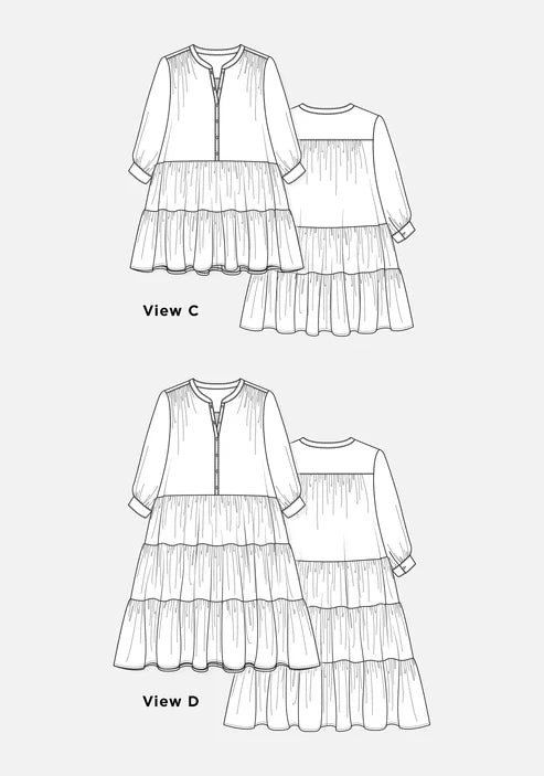 Line drawing of a tiered Poppy Dress with two views labeled 'View C' and 'View D' on a white background.