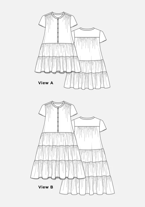 Line drawing of a tiered Poppy Dress with two views labeled A and B on a white background.