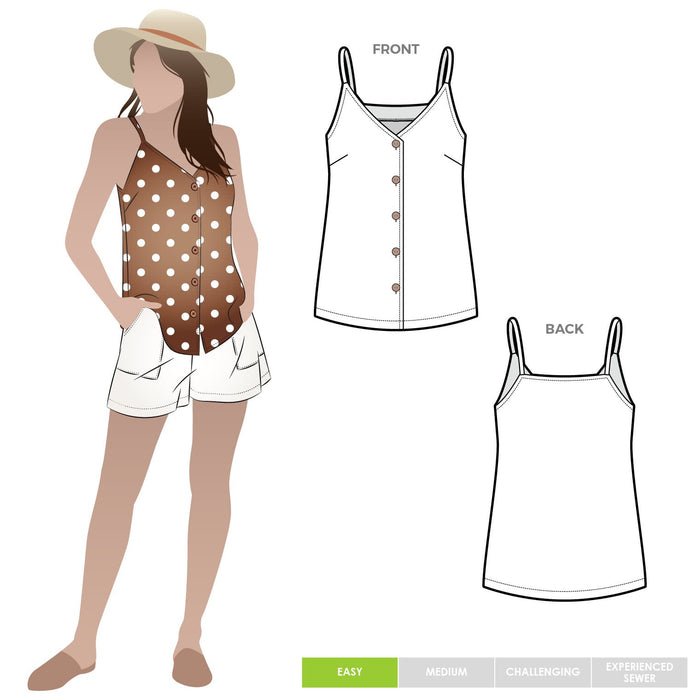 Airy and light Portia Woven cami top sewing pattern with a button-through front and comfortable silhouette, suitable for silk, rayon, cotton, crepe, or linen fabrics.