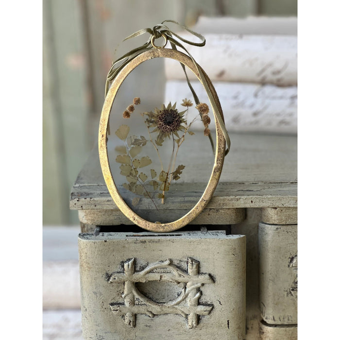 Pressed Brown Meadow Flowers Oval Ornament - Primitive Star Quilt Shop