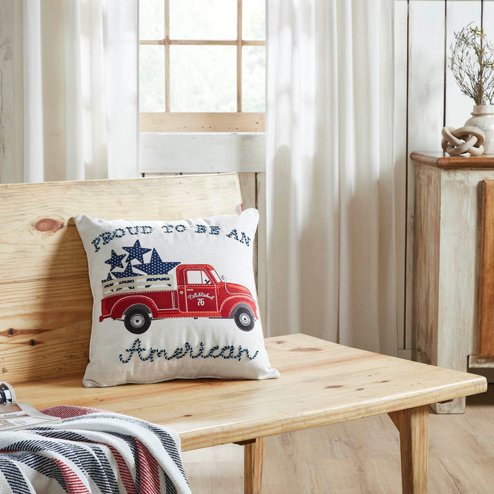 "Proud to be an American" Red Truck Pillow 18" - Primitive Star Quilt Shop
