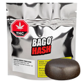 Front view of a silver pouch labeled "BAGO' HASH Purple Cherry Punch Hash" with a round dark hash resin puck displayed on the right.