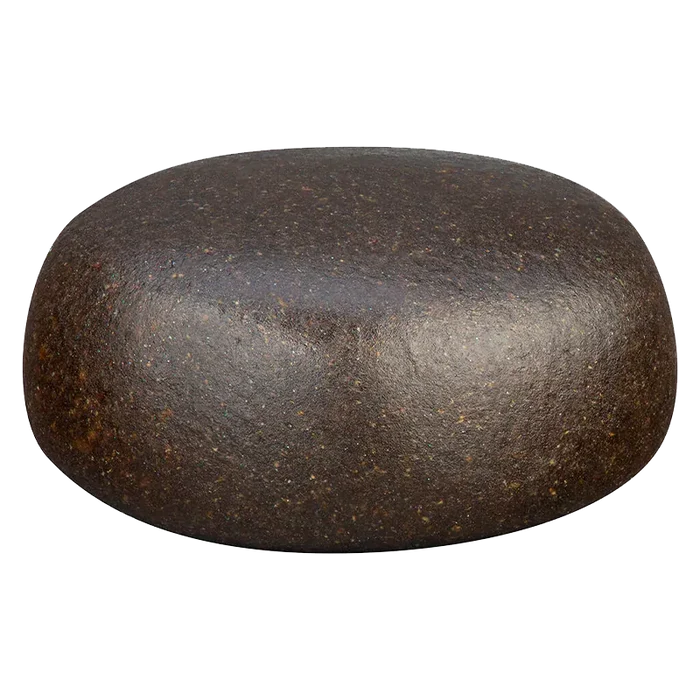 Low-angle view of a smooth, dark brown disc labeled Purple Cherry Punch Hash, shown against a white background.