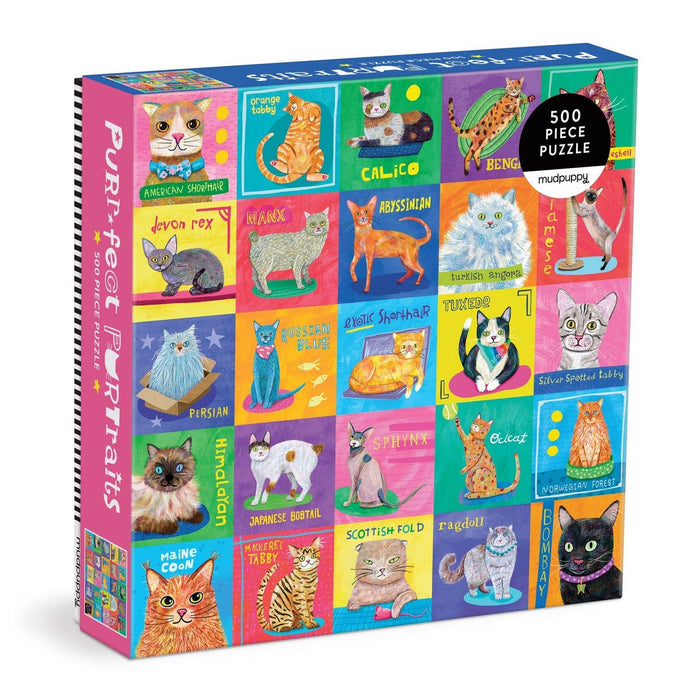 Purr-Fect Portraits by Mudpuppy is a vibrant 500-piece jigsaw puzzle showcasing illustrated and labeled portraits of various cat breeds—a fun, must-have puzzle for any feline fan.