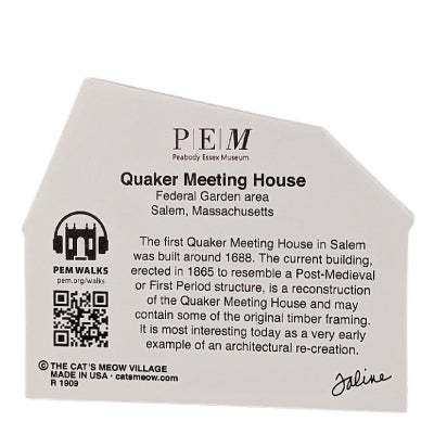 Decorative wood block of the Quaker Meeting House with informative text on the reverse.