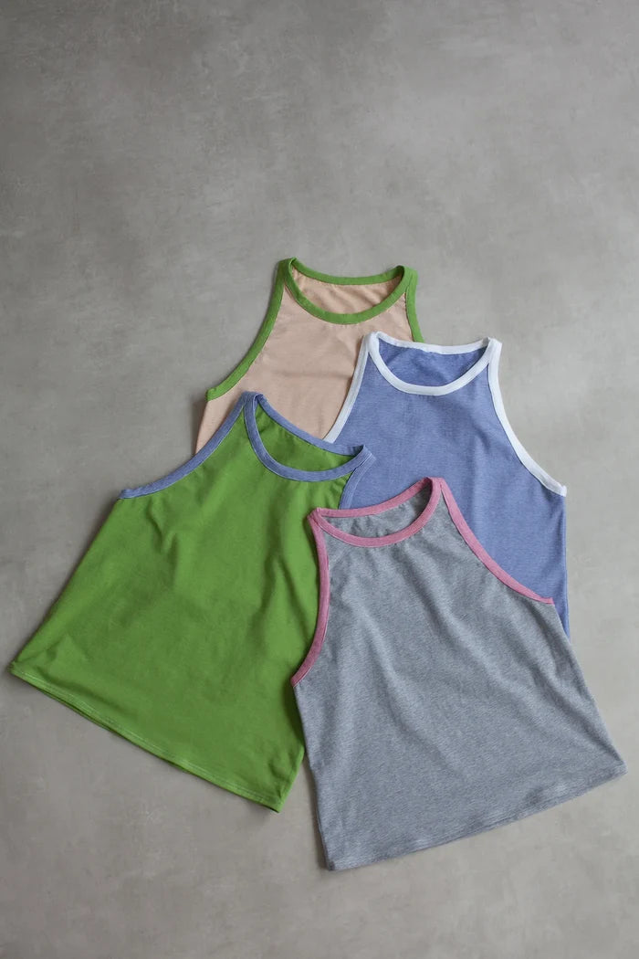 Racer Vest sewing pattern - sporty jersey vest with high neck, narrow shoulders, and low scoop underarms