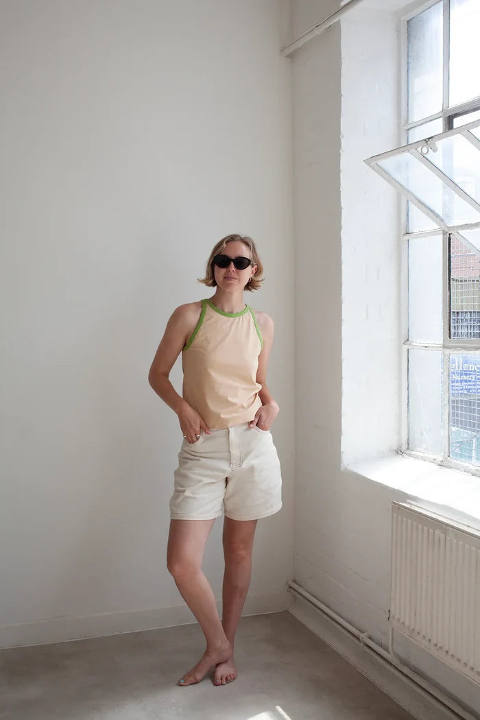 Racer Vest sewing pattern - sporty jersey vest with high neck, narrow shoulders, and low scoop underarms
