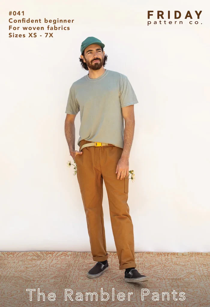 Rambler Pants Sewing Pattern – pull-on elastic waistband, built-in belt, tapered leg, XS-7X
